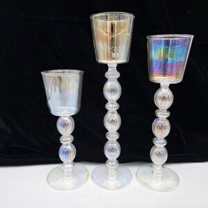 Iridescent Glass Candle Tealight Holders Bubble Ribbed Stem Light Weight